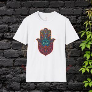 front of white Hamsa shirt