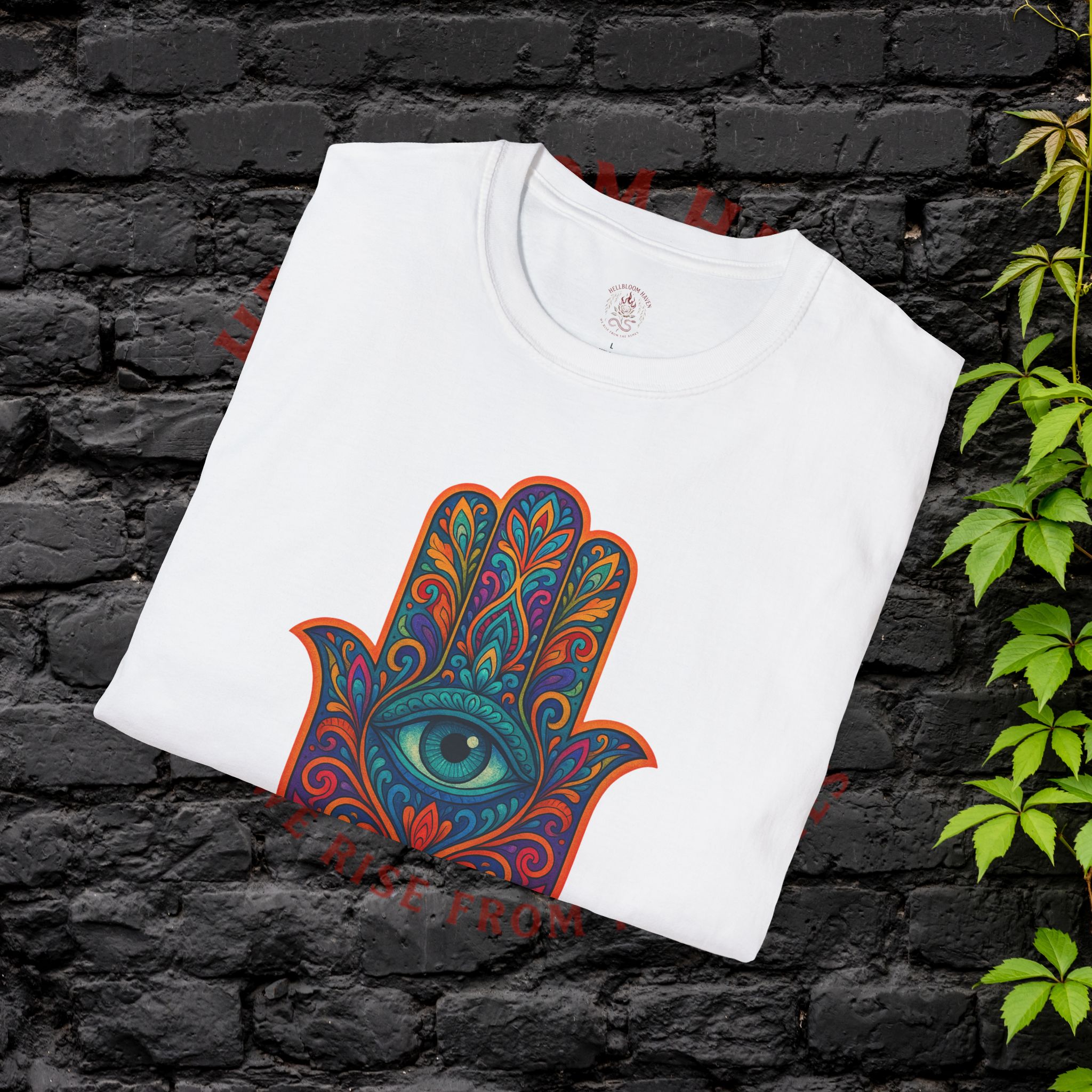 front of white Hamsa shirt