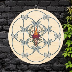 Butterfly Flame Crystal Grid on Wood | Sacred Geometry for Healing