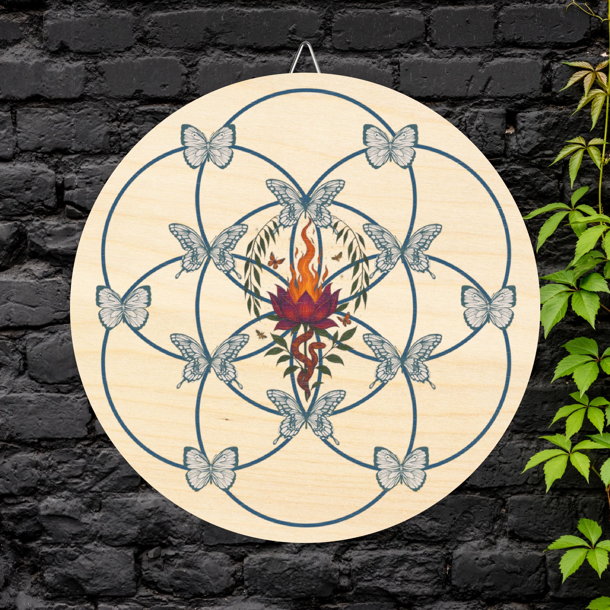 Butterfly Flame Crystal Grid on Wood | Sacred Geometry for Healing