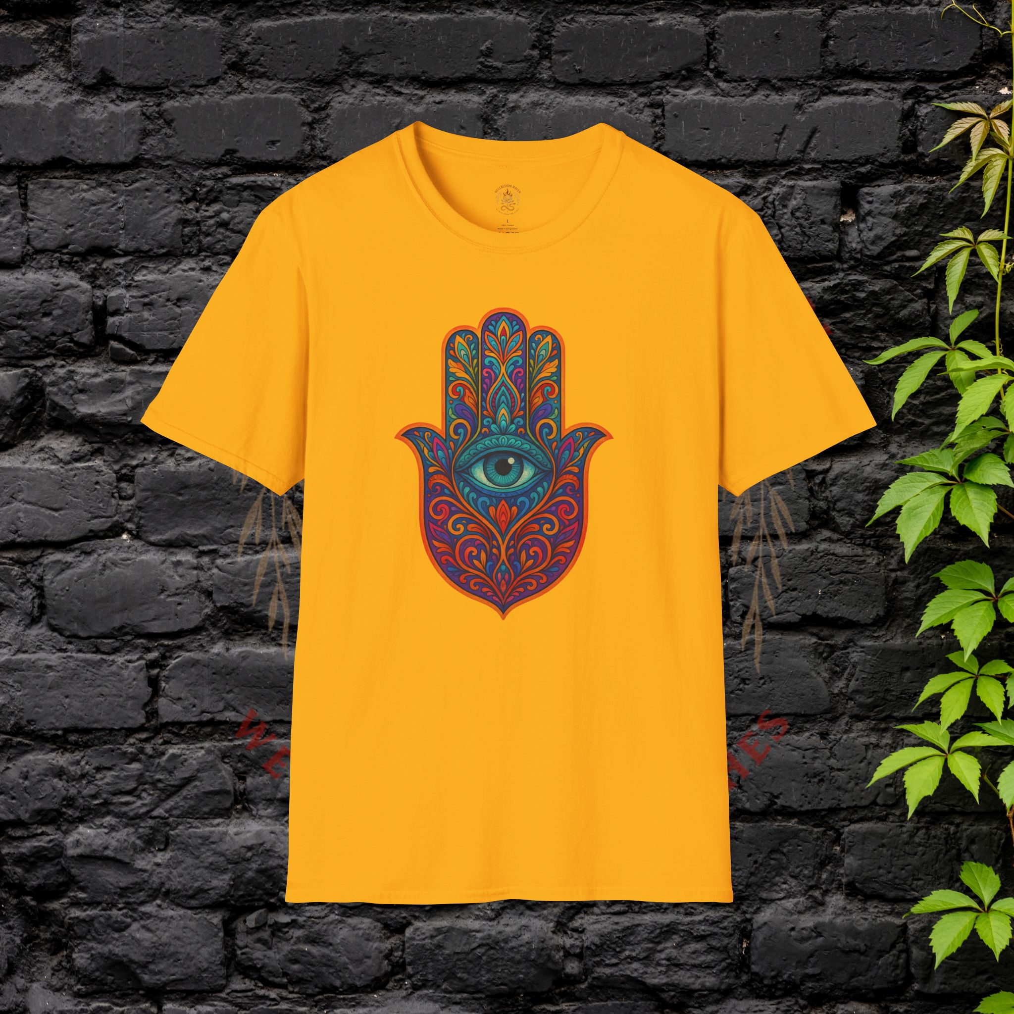 front of yellow Hamsa Shirt