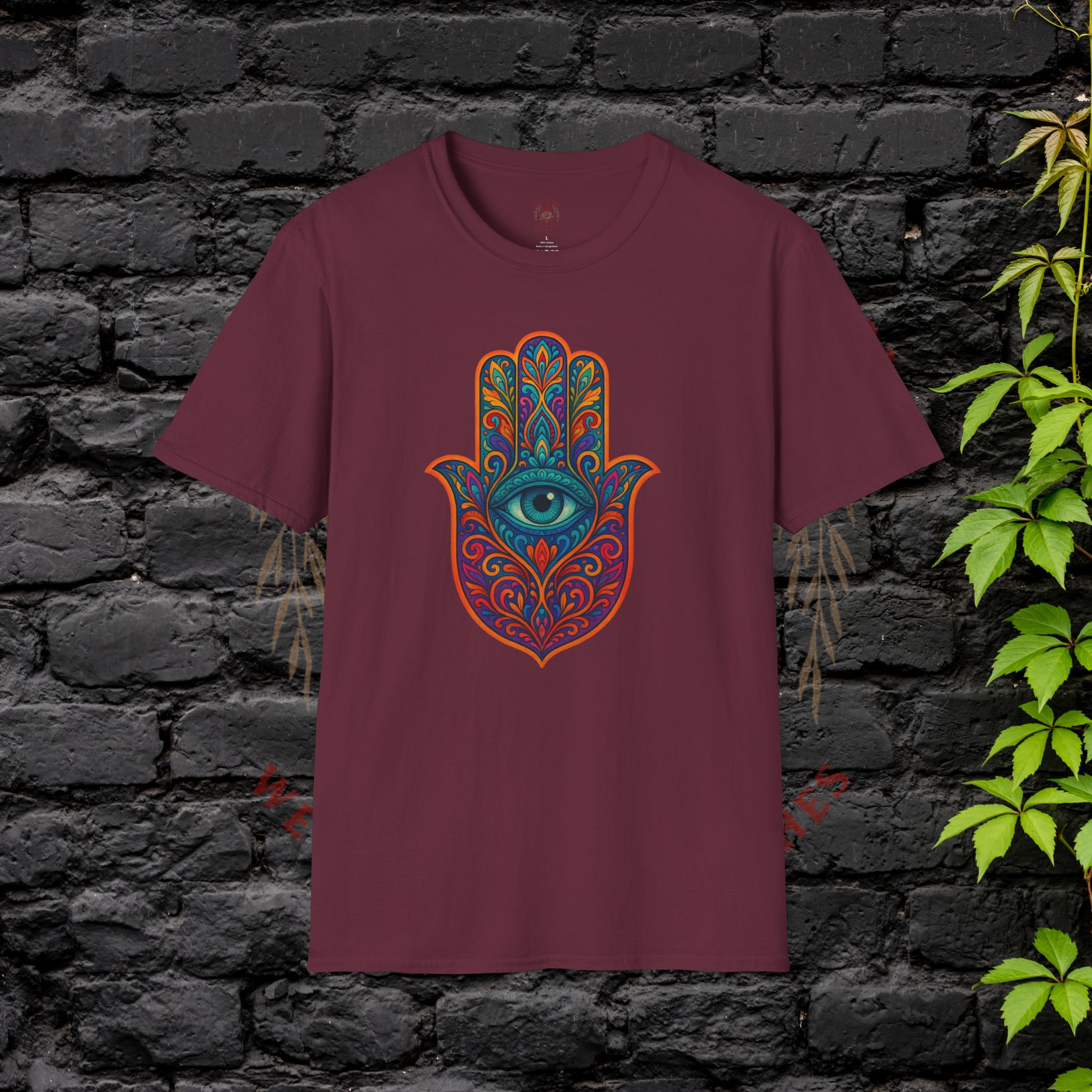 front of maroon Hamsa Shirt
