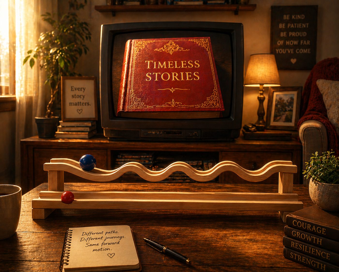 tv and tracks with balls
