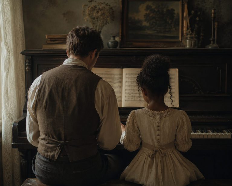 a man and girl playing piano